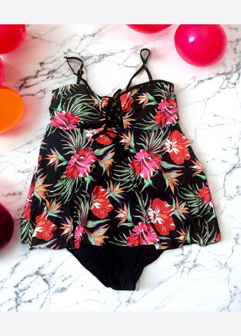 Чорно-білий літній купальник-сукня жіноча роздільна танкіні великий розмір чорний зі шнурівкою й квітами купальник-сукня, танкіні No Brand 1500