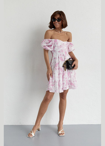 Лавандова повсякденний літня сукня міні з драпіруванням спереду 23128 Lurex з квітковим принтом