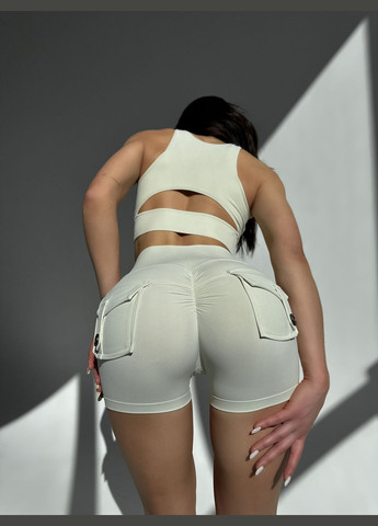 Спортивные женские шорты с карманами PUSH UP для фитнеса и pole dance Молочные Pocket Короткі шорти з кишенями та пуш-ап (317046269)