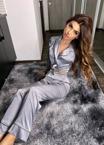 Сіра всесезон шовковий піжамний комплект для сну та дому, піжама двійка жіноча з шовку No Brand