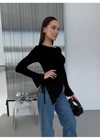 Женский ассиметричный лонгслив на завязках черного цвета 37216 No Brand (382889234)