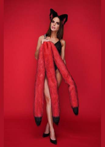 Анальний потрійний хутряний хвіст без пробки, Червоний з чорним кінчиком, 100 см. OKOVA (315148839)