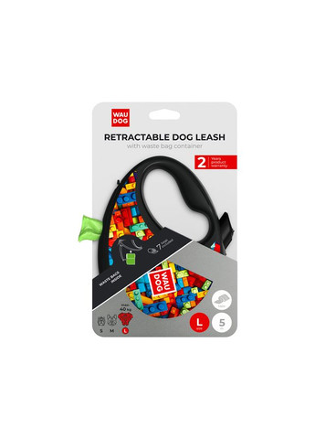 Поводок-рулетка для собак R-leash с контейнером для пакетов, рисунок "Блоки", светоотражающая лента, L, до 40 кг, 5 м WAUDOG (331068477)