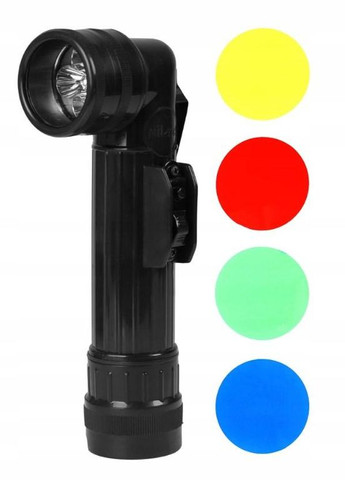 Ліхтарик тактичний ручний зі змінними лінзами (червоний, синій, зелений, жовтий) US LED WINKELTASCHENLAMPE SM SCHWARZ (15143002) Mil-Tec (292734723)