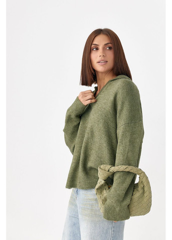 Оливковый (хаки) зимний вязаный однотонный свитер-поло - темно-серый цвет Lurex