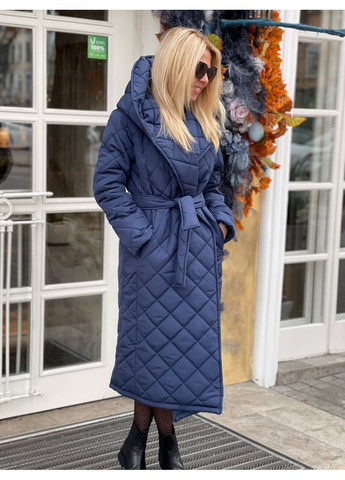 Синее демисезонное Женское длинное пальто с капюшоном. Україна