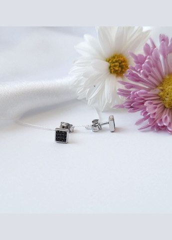 Срібні сережки гвоздики на фіксаторах Квадрат з Чорним Камінням срібло 925 проби Родоване 1054ф2 0.90г No Brand (306743342)