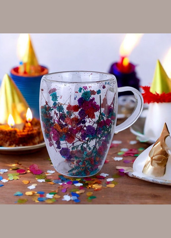 Чашка з подвійним дном жовт.+зелений+рожеві. квітками 350мл No Brand 4038 (314871624)