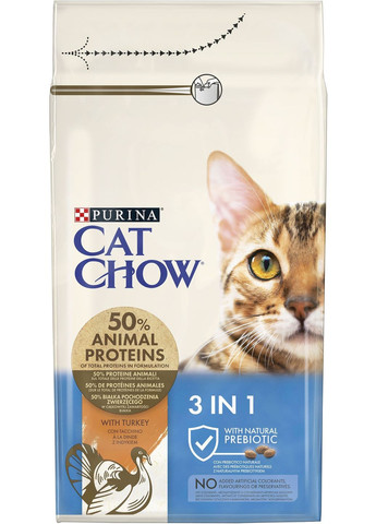 Сухий корм для дорослих котів Feline 3-in-1 з формулою потрійної дії, з індичкою 1.5 кг Purina Cat Chow (332017672)