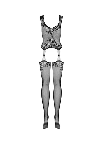 Бодістокінг Bodystocking F221 S/M/L, силуетний малюнок з квітковими мотивами Obsessive чорний відвертий нейлон