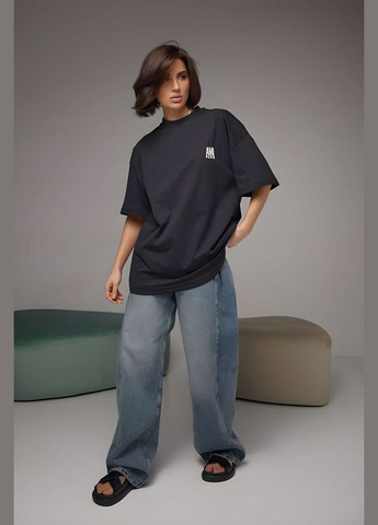 Женская черная синяя футболка оверсайз с вышитым лого Україна - (339402795)