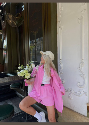 Женский розовый стильный качественный костюм летний комплект из льна. No Brand костюм (291881922)