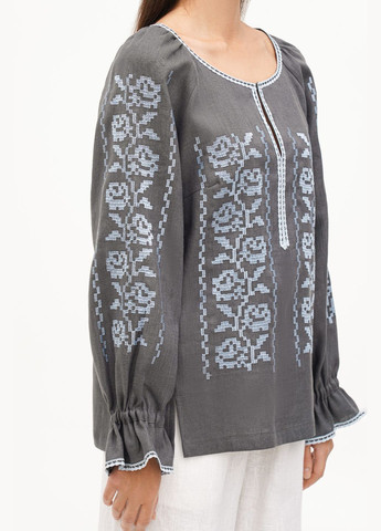 Сіра жіноча лляна вишиванка з мереживом, квітковим орнаментом та рукавом реглан тереса., р., код 9287/44/1305 ГАЛЕРЕЯ ЛЬОНУ