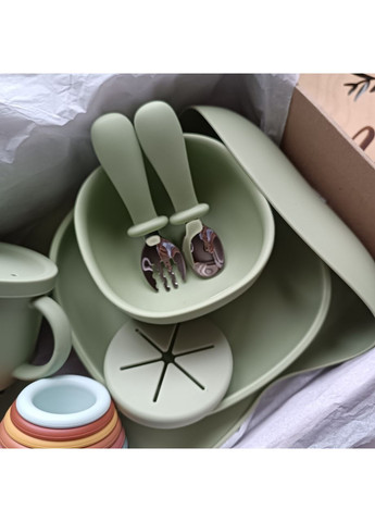 Силиконовая посуда для прикорма малыша для мальчика 8в1 - комплект на присосках Оливка (0311) No Brand (370439309)