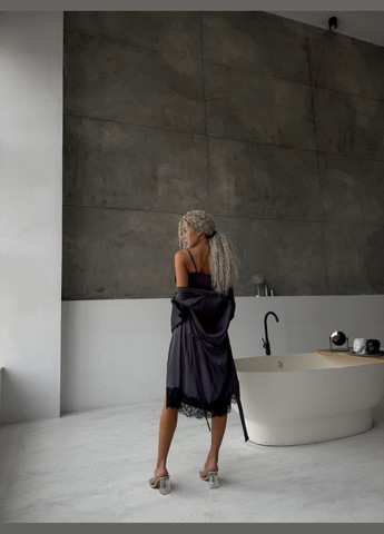 Халат жіночий шовковий з мереживом Графіт Maybel (322444356)