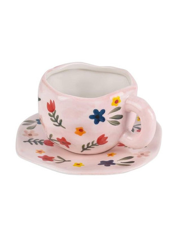 Керамическая чашка 300мл для кофе с блюдцем, ручной работы, розовая OSM (365549092)