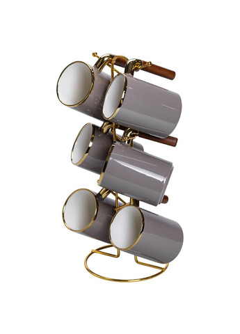 Набір керамічних чашок 6 штук сірі на металевій підставці для гарячих напоїв посуд кухонний ProDobro (364190128)