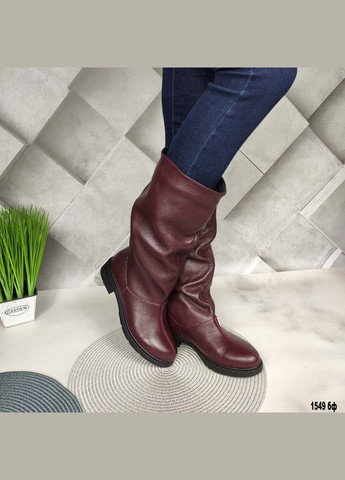 Комбіновані шкіряні чоботи демісезонні без блискавки бордового кольору No Brand