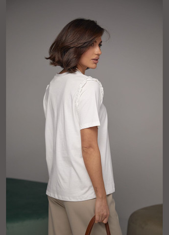 Молочна літня футболка з написом pure та рюшами 2406 з коротким рукавом Lurex