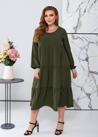 Оливковое (хаки) повседневный свободное женское платье с длинным рукавом No Brand однотонное