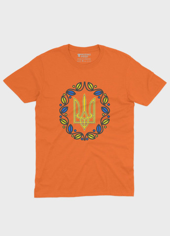 Оранжевая мужская футболка с патриотическим принтом гербтризуб (ts001-2-ora-005-1-052) Modno