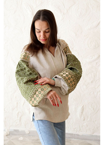 Бежевая женская вышиванка код нации со стильным орнаментом, 100% лен, зеленая вышивка гладью, xs-4xl MOTYV узор орнамент лен (366239451)