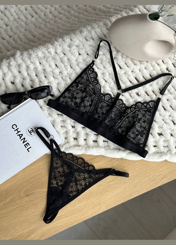 Черный демисезонный базовый кружевной комплект No Brand