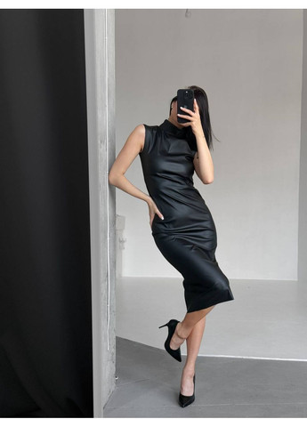 Черное праздничный, вечернее, деловое, кэжуал женское кожаное платье силуэтная Avanti однотонное