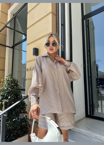 Женский льняной костюм с шортами бежевого цвета 32864 Fashion (330226035)