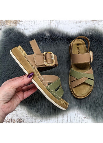 Босоніжки жіночі коричневі з оливковим шкіряні з пряжкою Inblu (333759964)