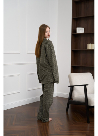 Оливкова піжама жіноча в клітинку фланель soft оливка сорочка + брюки Handy Wear