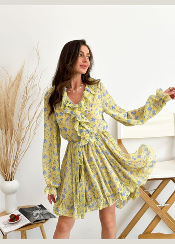 Желтое красивое жёлтое платье из принтованного турецкого шифона, короткое платье с длинным рукавом и поясом в размере 42-46 No Brand