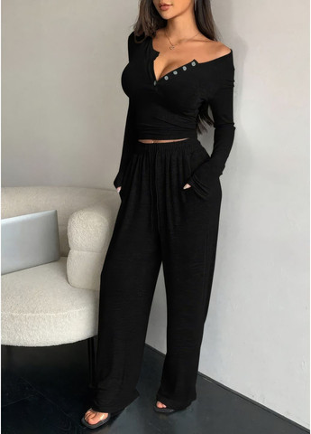 Черная всесезон женский домашний комплект двойка широкие брюки свободного кроя + кроп топ с длинными рукавами универсальная пижама для женщин футболка + брюки Cindylove