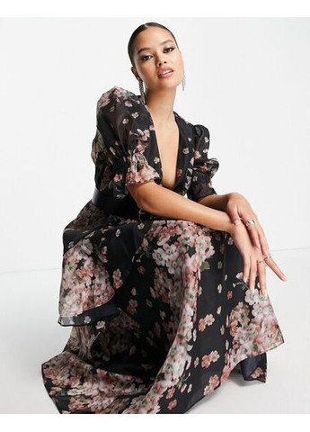 Чорна святковий сукня з пишною спідницею Asos з квітковим принтом