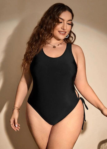 Чорний демісезонний суцільний купальник plus size 1xl (52-54) з декоративною шнурівкою (7596) суцільний FS