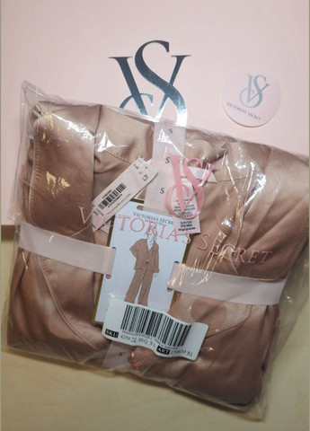 Бежевая всесезон сатинова длинная пижама s рубашка + брюки Victoria's Secret піжама