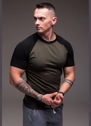 Хакі (оливкова) стильна футболка з чорним рукавом з коротким рукавом Vakko