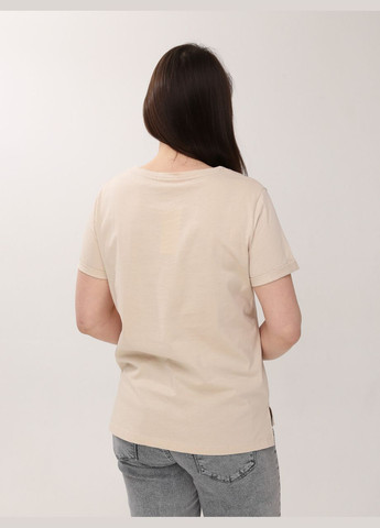 Бежевая летняя футболка женская бежевая с разрезами и принтом с коротким рукавом MDG Пряма