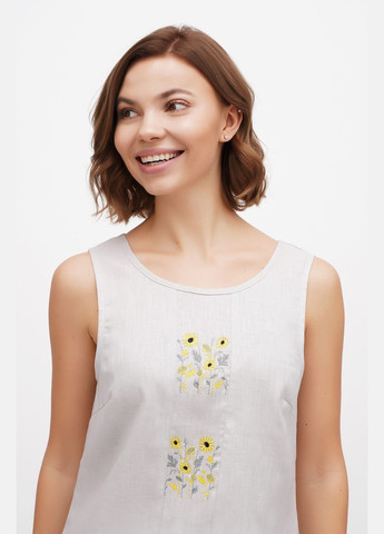 Сіра вишиванка. жіноча блуза з тонкого льону без рукавів з квітами белла., р., код 9414/44/320 ГАЛЕРЕЯ ЛЬОНУ