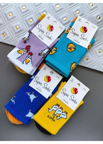 Комбинированные 4 пары, женские высокие носки с забавными принтами, набор (р. 36-40, хлопок) Super Socks (405983437)