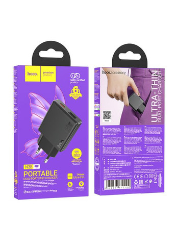 МЗП N38 Delgado dual port PD20W+QC3.0 charger(EU) Black Hoco (316455795)