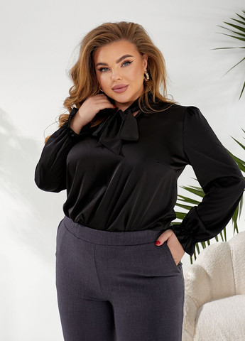 Чорна шовкова блуза з довгими рукавами No Brand