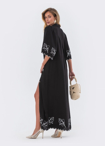 Черное длинное платье из льна с вышивкой чёрное Dressa