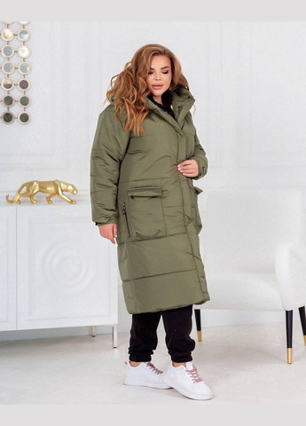 Оливковая (хаки) женская теплая куртка-пальто с капюшоном цвет хаки р.42/44 448985 New Trend