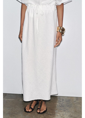 Белая повседневная, пляжный, кэжуал юбка средней длины со 100% льна Zara