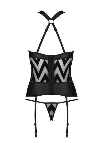 Сітчастий комплект з зображенням: корсет з халтером, підв'язки, трусики Hima Corset black L/XL - Passion (303886742)