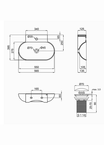 Комплект Cardinal: Раковина підвісна / накладна овальна 565х400х130 мм White + Донний клапан PU02 Qtap QT0411K177WN47330 (346492506)