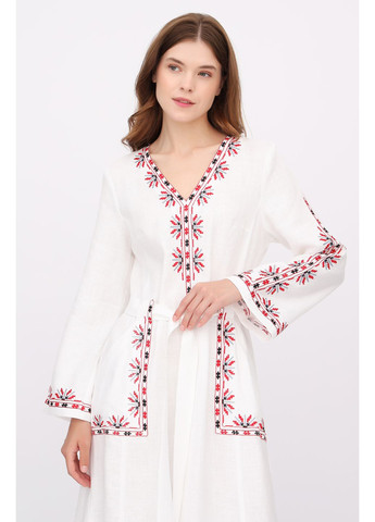 Білий довга жіноча сукня з льону під пояс з квітковою вишивкою та довгим рукавом людмила., р., код 0480/42/331 ГАЛЕРЕЯ ЛЬОНУ