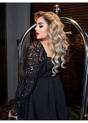 Черное вечернее платье мини с гипюровыми рукавами Byron однотонное