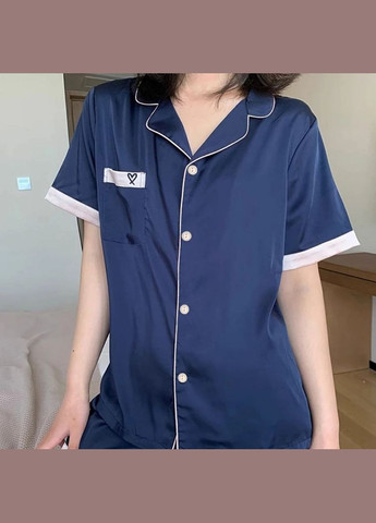 Синяя всесезон комплект пижамный домашний женский атласный атласный сердечко синий рубашка + шорты No Brand Піжама атласна Серденько